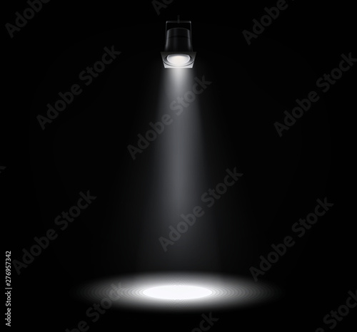 Projector light effect. White glowing stage light ray isolated on transparent background. Vector bright scene spotlight. Shine theater vertical projector beam for your creative design