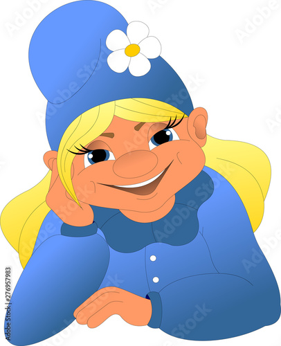 gnome girl in a blue dress and a cap with a chamomile, with blond hair, smiling