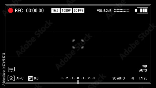 Camera viewfinder black background. Widescreen illustration. UI elements: time indicator, recording label, battery icon, crosshair.