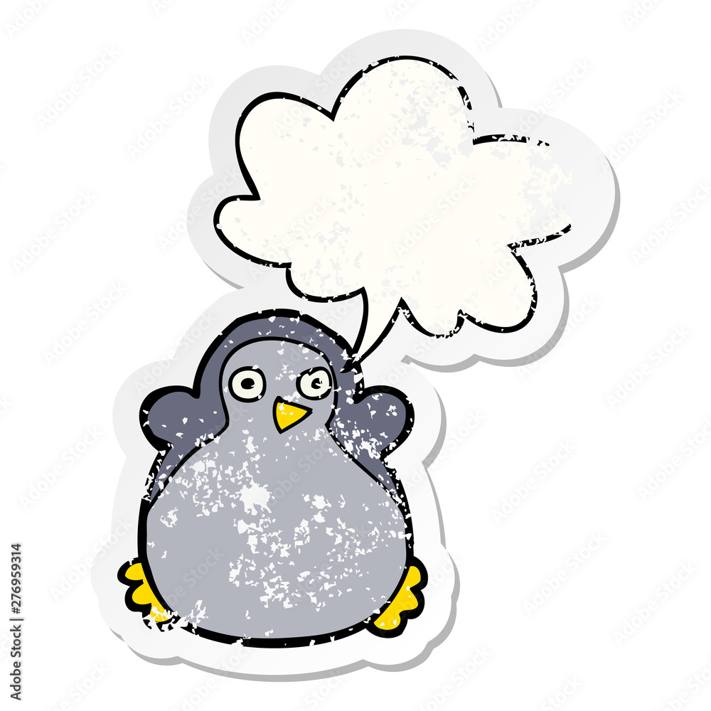 cartoon penguin and speech bubble distressed sticker