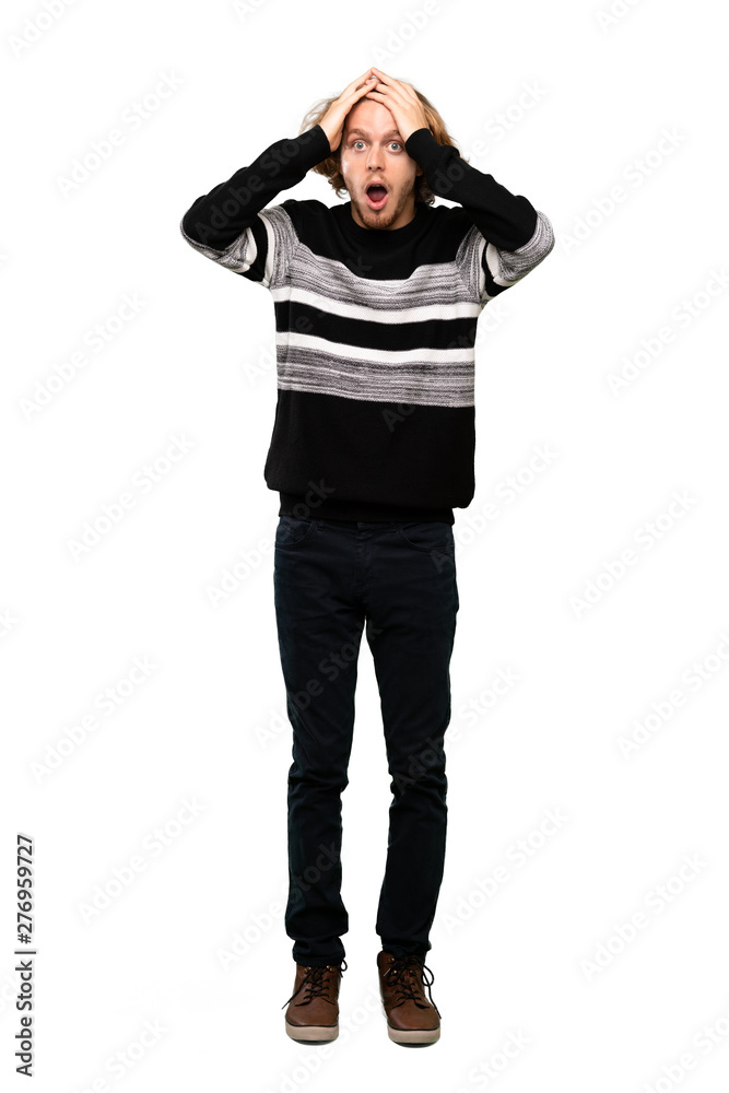 Full-length shot of Blonde man with surprise expression over isolated white background Full-length shot of Blonde man with surprise expression over isolated white background