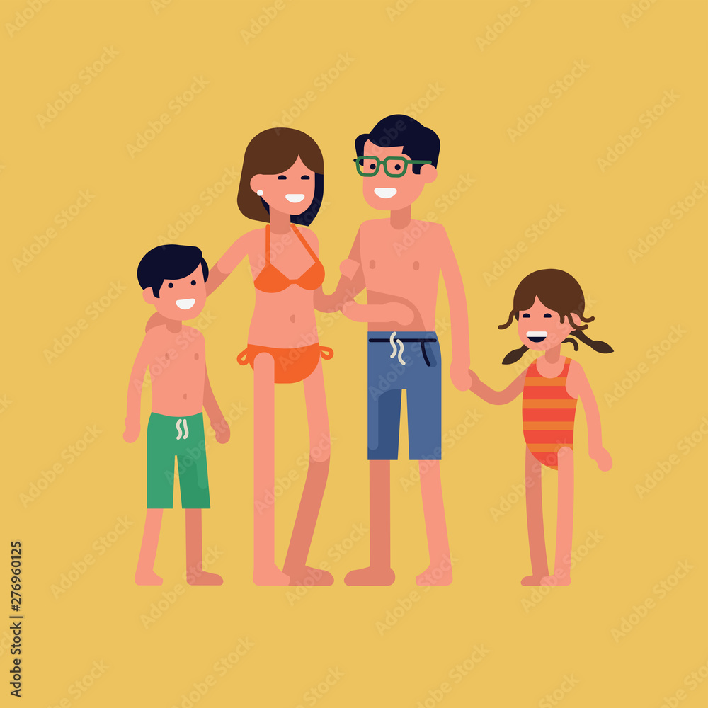 Parents and young children standing isolated wearing swimsuits