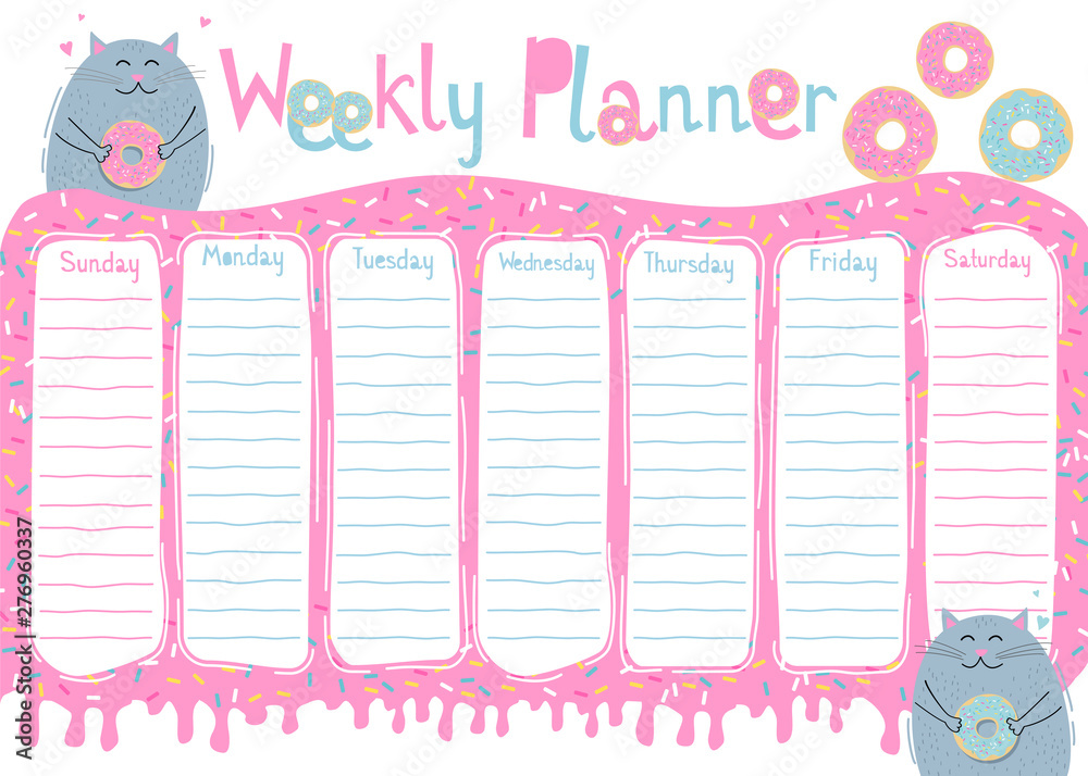 Weekly planner with cute cat and donuts in cartoon style. Kids schedule ...