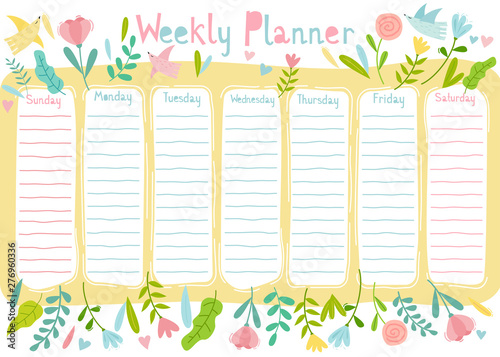 Weekly planner with cute birds and flowers in cartoon style. Kids schedule pr...