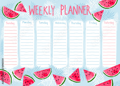 Weekly planner with watermelon slices and tropical leaves. Summer theme print...
