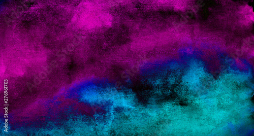 Vivid ink textured blue, pink and purple color canvas for modern design. Aquarelle smeared abstract cosmic bright vintage dark watercolour illustration. Neon watercolor on black paper background