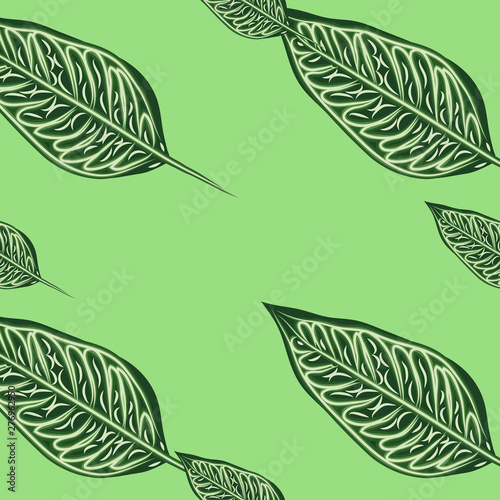 Seamless pattern with leaves of ficus benjamin on green background