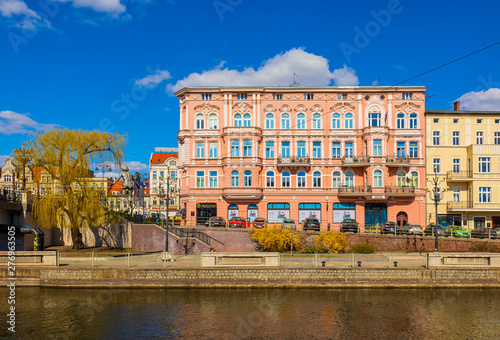Bydgoszcz, Poland - Panoramic view of the historic city center with the old town tenements along the Brda River embankment