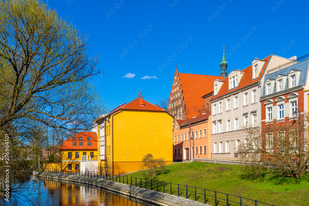 Bydgoszcz, Poland Panoramic view of the historic city center on the Mill Island with the old town tenements along the Brda River embankment