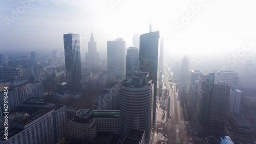 Aerial view of Warsaw skyscrapers, Center of the capital of Poland. aerial view of Warsaw city skyline buildings at sunrise. urban metropolis background.