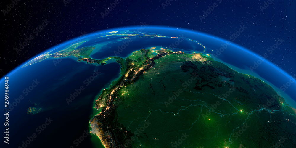 Obraz premium Detailed Earth at night. The western part of South America. Peru, Ecuador, Colombia, Venezuela and part of Brazil