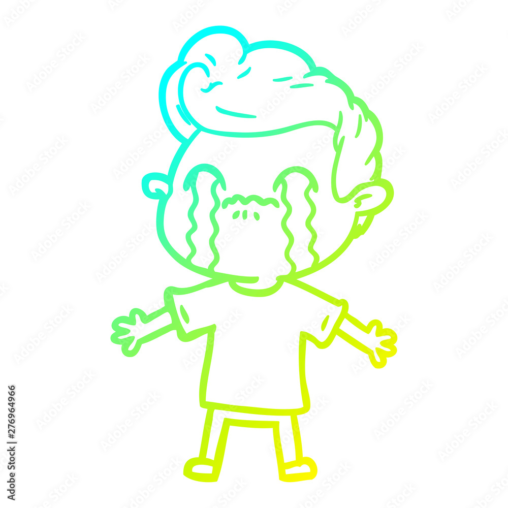 cold gradient line drawing cartoon man crying