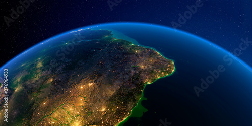 Detailed Earth at night. The eastern part of South America. Brazil