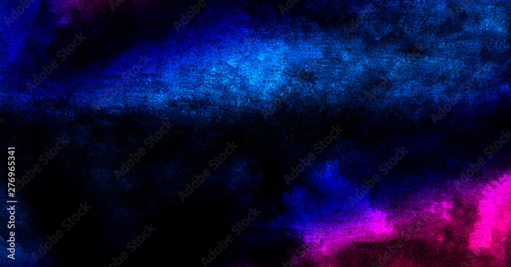 Vivid ink textured blue, pink and purple color canvas for modern design. Aquarelle smeared abstract cosmic bright vintage dark watercolour illustration. Neon watercolor on black paper background