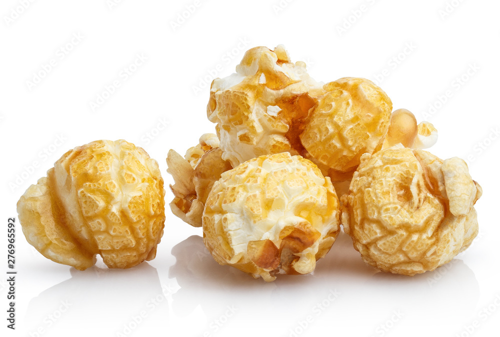 Close-up of delicious caramel popcorn, isolated on white background Close-up of delicious caramel popcorn, isolated on white background
