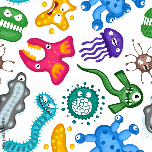 Various microorganisms virus vector cartoon bacteria germ emoticon character seamless pattern. Bacterial ilness infection microbiology illustration. Microbe organism emotions on white background