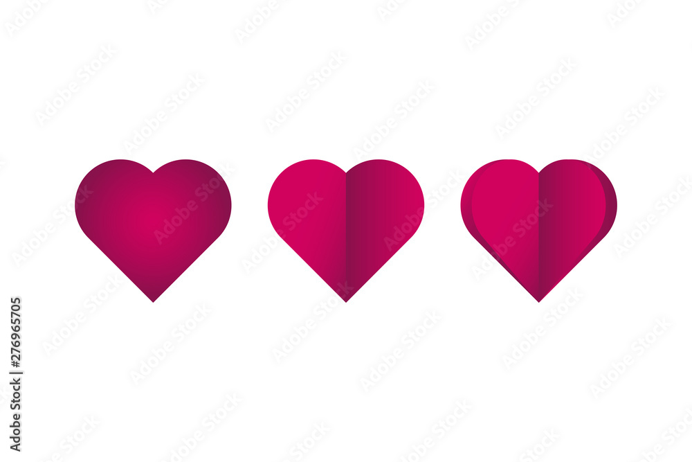 Red love heart of different shapes. Set. Gradient. White background, isolated. Vector illustration