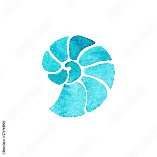 Watercolor hand drawn illustration aquamarine ammonite isolated on white background. Design for card, print, textile, shirt