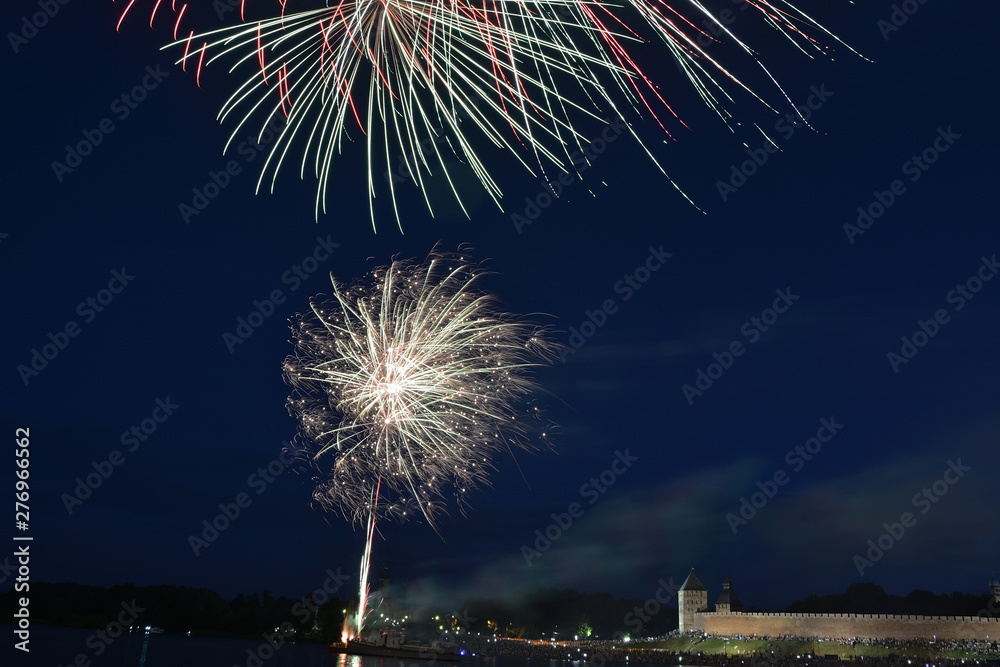Fireworks over the Novgorod Kremlin. Salute over the city of Veliky Novgorod