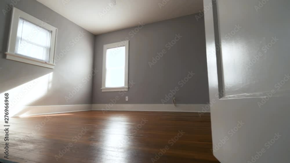 Empty Bedroom Door Opens Move Forward. view moves forward from a closed door that opens to reveal an empty bedroom through the doorway