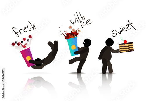 web icons of people. Figures of people with lemonade and coffee in their hands and pies