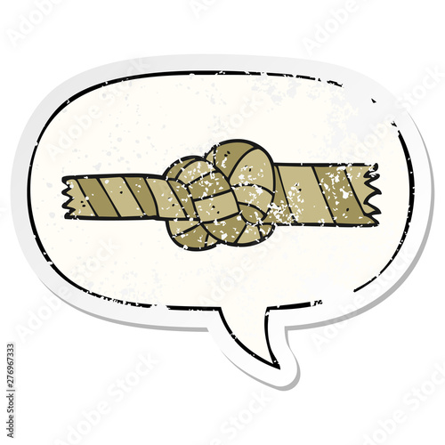 cartoon knotted rope and speech bubble distressed sticker