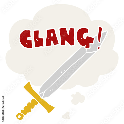 cartoon clanging sword and thought bubble in retro style