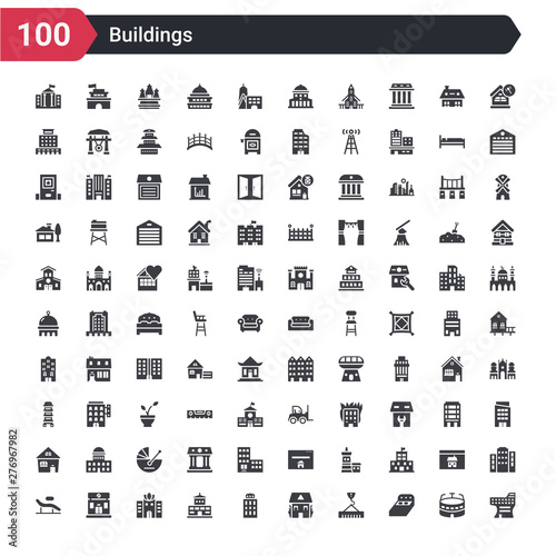 100 buildings icons set such as toilet side view, bed 3d view, hook hanging material, fire in the house, office block, college, wellness center, spa salon, chair for treatments