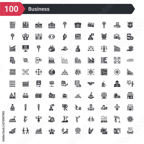 100 business icons set such as sitting, cit card and ticket, nails, ferris wheels, professional advance, man with solutions, measure success, partners in business, increase rate