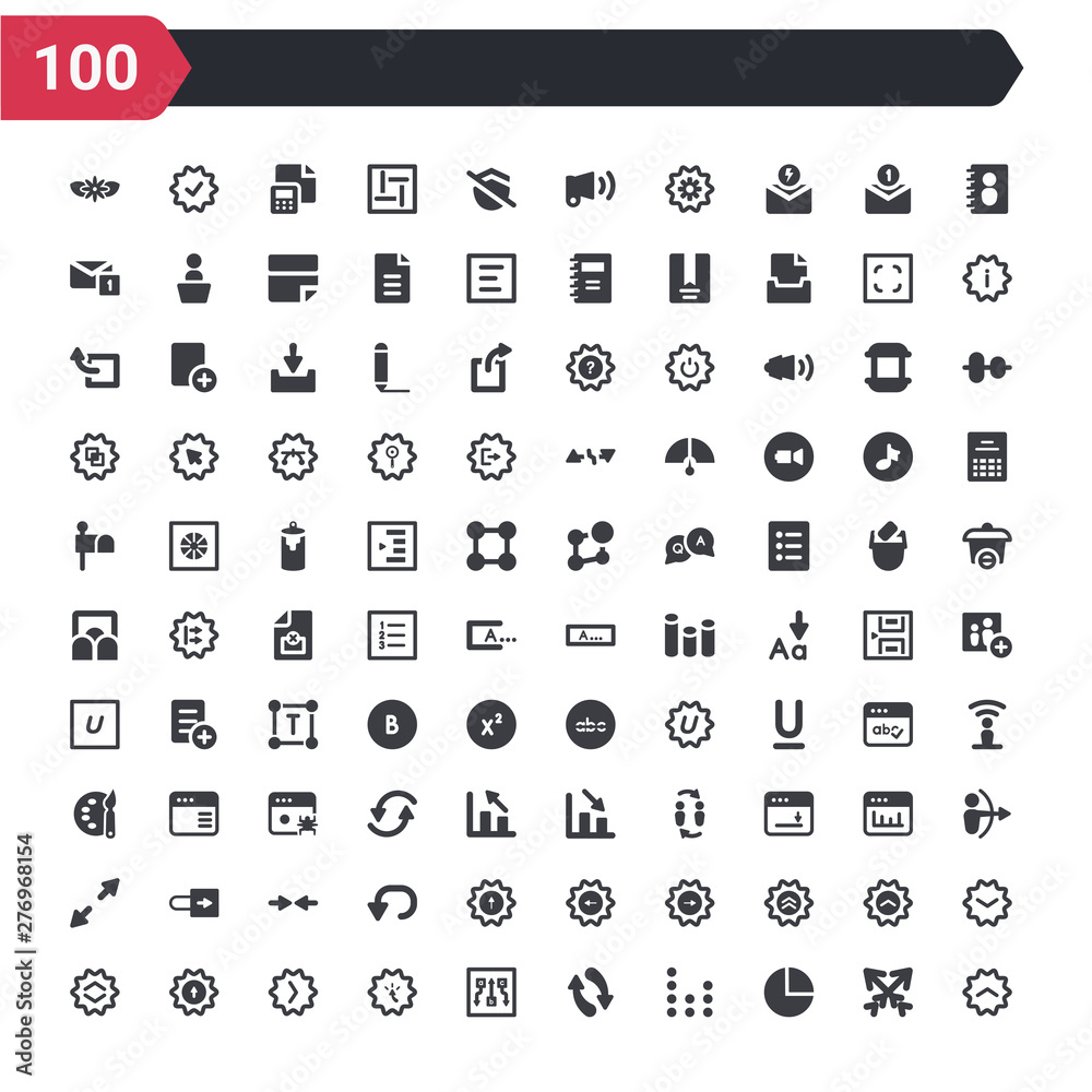 100 ui icons set such as up chevron, pie chart organization, line dot chart, update arrows, abc item chart, cursor arrow, right button, top button, up and down arrow