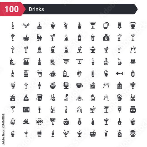 100 drinks icons set such as paper cup, bloody mary, wine, margarita, martini, tequila sunrise, mojito, manhattan, mai tai