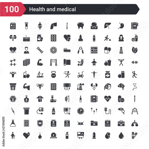 100 health and medical icons set such as band aid, blood drop, condom, defibrillator, desinfectant, emergency, enema, health care, injury