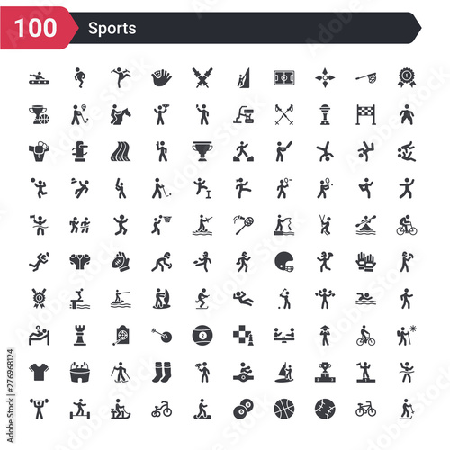 Fototapeta Naklejka Na Ścianę i Meble -  100 sports icons set such as skiing down hill, baseball ball, basketball ball with line, ball pool, stick figure on snowboard, bicycle for children, person riding on sleigh, man balancing, man