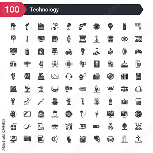 100 technology icons set such as cross stuck in ground, surveillance camera, face shield, electric socket on fire, touchscreen, technology, summary, hospital phone, cad