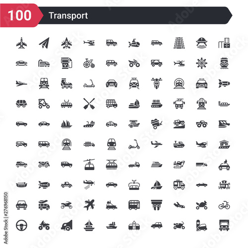 100 transport icons set such as truck front view, black motorbike, family car, streetcar, large boat, sailboat sailing, car tire blowout, terrain vehicle, vehicle steering wheel photo