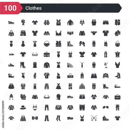 100 clothes icons set such as cotton polo shirt, jewelry set, cocktail dress, leather derby shoe, women socks, chinos pants, bow tie, hooded jacket, oxford wave blazer