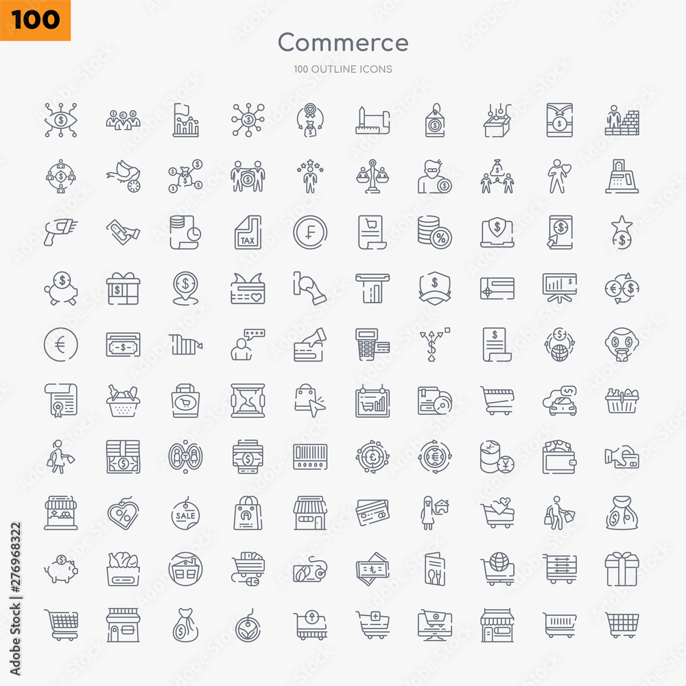 100 commerce outline icons set such as checke, front store with awning, online store cart, add to cart, take out from the cart, eco label, full money bag, shopping store