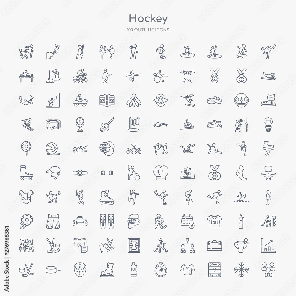 100 hockey outline icons set such as audience, ice court, clothes, timer, water bottle, ice skate, hockey mask, puck