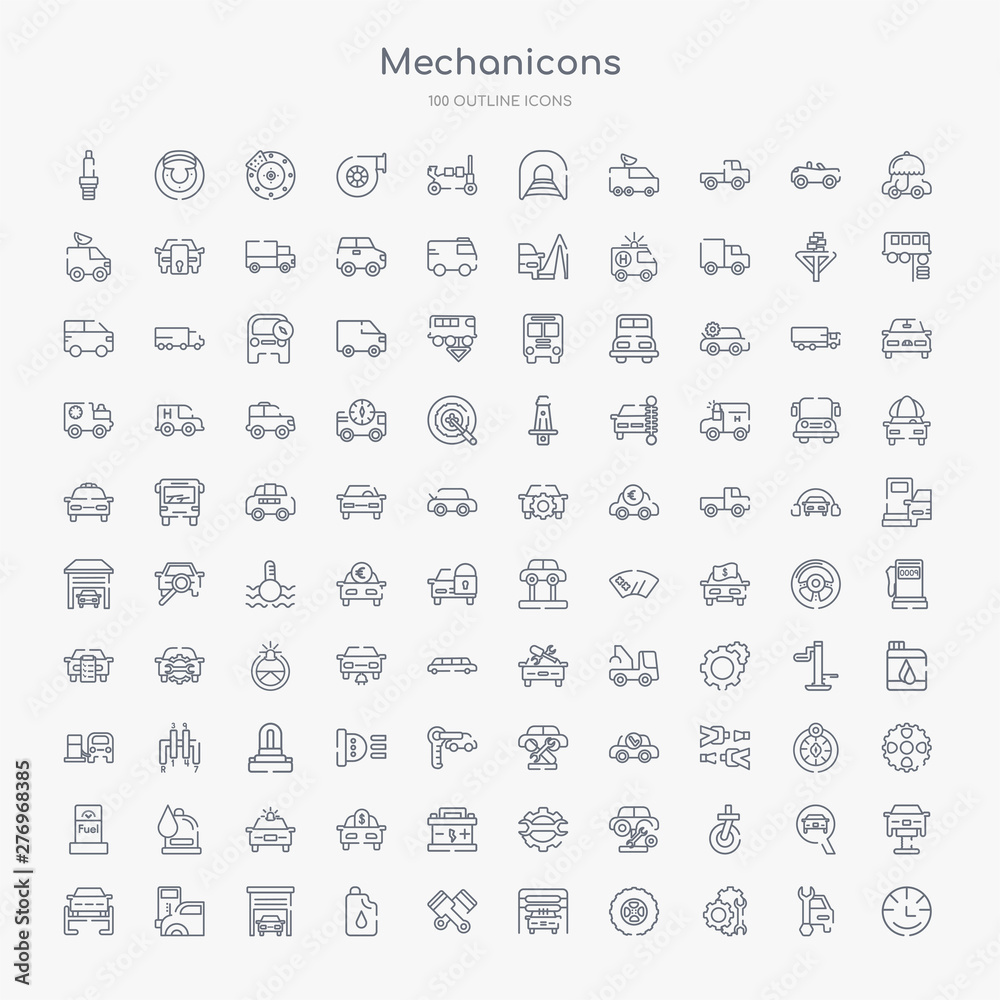 100 mechanicons outline icons set such as car speedometer, repair mechanism, car wheel, car wash machine, pistons cross, change oil, inside a garage, in a gas station 100 mechanicons outline icons set such as car speedometer, repair mechanism, car wheel, car wash machine, pistons cross, change oil, inside a garage, in a gas station