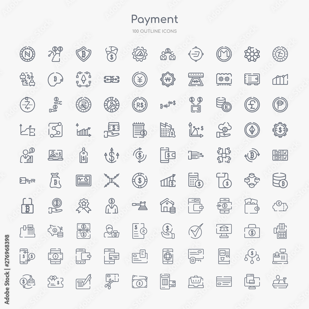 100 payment outline icons set such as cashier, card, online shopping, payment, dollar, cut card, cheque, voucher 100 payment outline icons set such as cashier, card, online shopping, payment, dollar, cut card, cheque, voucher