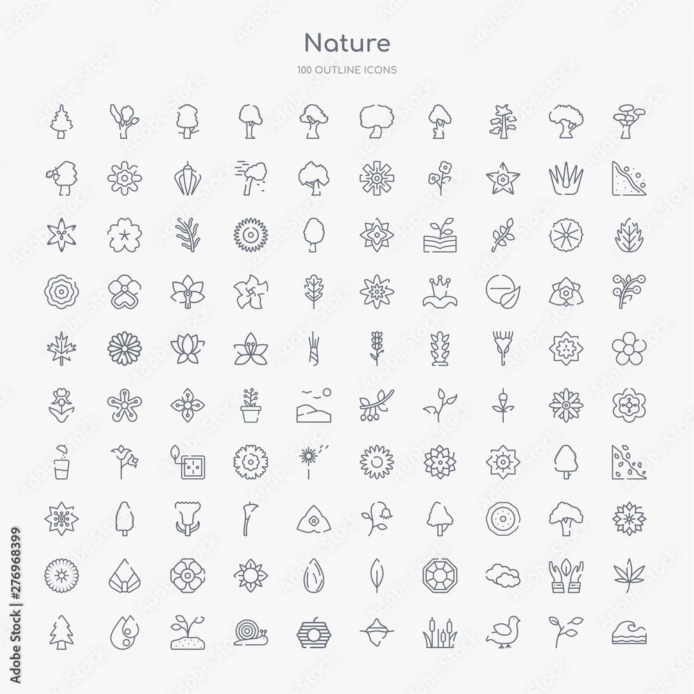 100 nature outline icons set such as waves, bird, reed, iceberg, hive, snail, grow plant, water drop 100 nature outline icons set such as waves, bird, reed, iceberg, hive, snail, grow plant, water drop