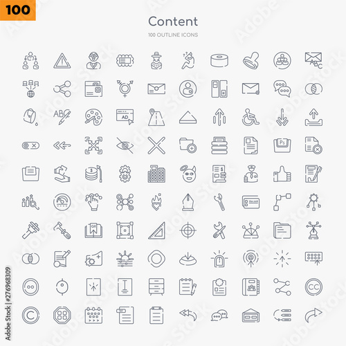 100 content outline icons set such as reply, weekend, сhat, reply all, paste, text format, next week, thumbnails