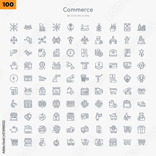 100 commerce outline icons set such as checke, front store with awning, online store cart, add to cart, take out from the cart, eco label, full money bag, shopping store