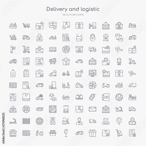 100 delivery and logistic outline icons set such as certificate, package, gift, delivery truck, fragile, conveyor, motorbike, barcode