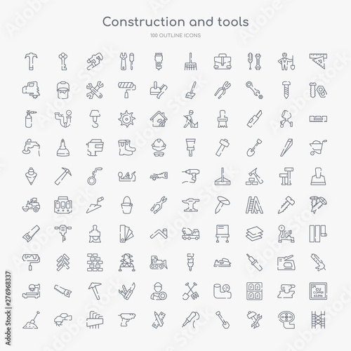 100 construction and tools outline icons set such as scaffolding, improvement, spade, iron soldering, pencil and ruler, caulk gun, allen keys, metal saw