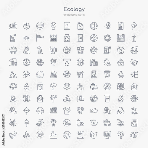 100 ecology outline icons set such as plant on a hand, solar energy, two leaves, plant a tree, reload, apple and books, sunlight, growing plant