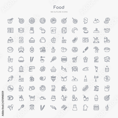 100 food outline icons set such as milk shake, protection gloves, condiment, ribs, shrimps, brochette, barbecue grill, slotted spoon