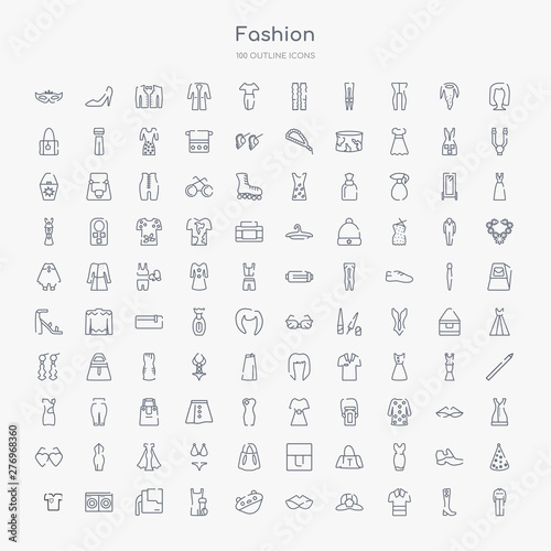 100 fashion outline icons set such as working coverall, safety shirt, firefighter hat, eyewear, sleeping mask, wellness coach, office briefcase, laundry zone