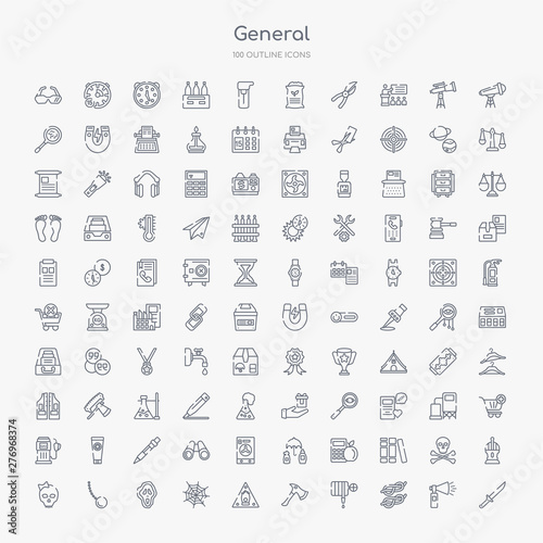 100 general outline icons set such as strong knife, two knots rope, fire hose, fire axe, oxidant, spiderweb, ghost face, chain ball