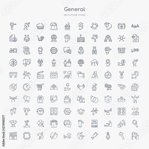 100 general outline icons set such as fretsaw, nippers, dyupel, nuts, deckchair, history brush, brush history, patch crop